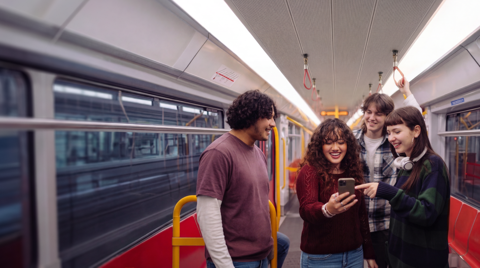 Vier Personen stehen in einer U-Bahn und schauen gemeinsam auf ein Smartpho