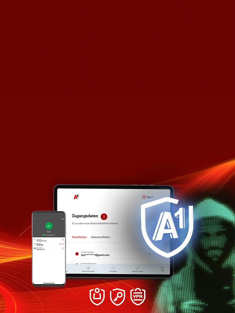 Digitale Geräte wie Laptop, Tablet und Smartphone mit A1-Logo und Schutzschild auf rotem Hintergrund mit gelben Linien.