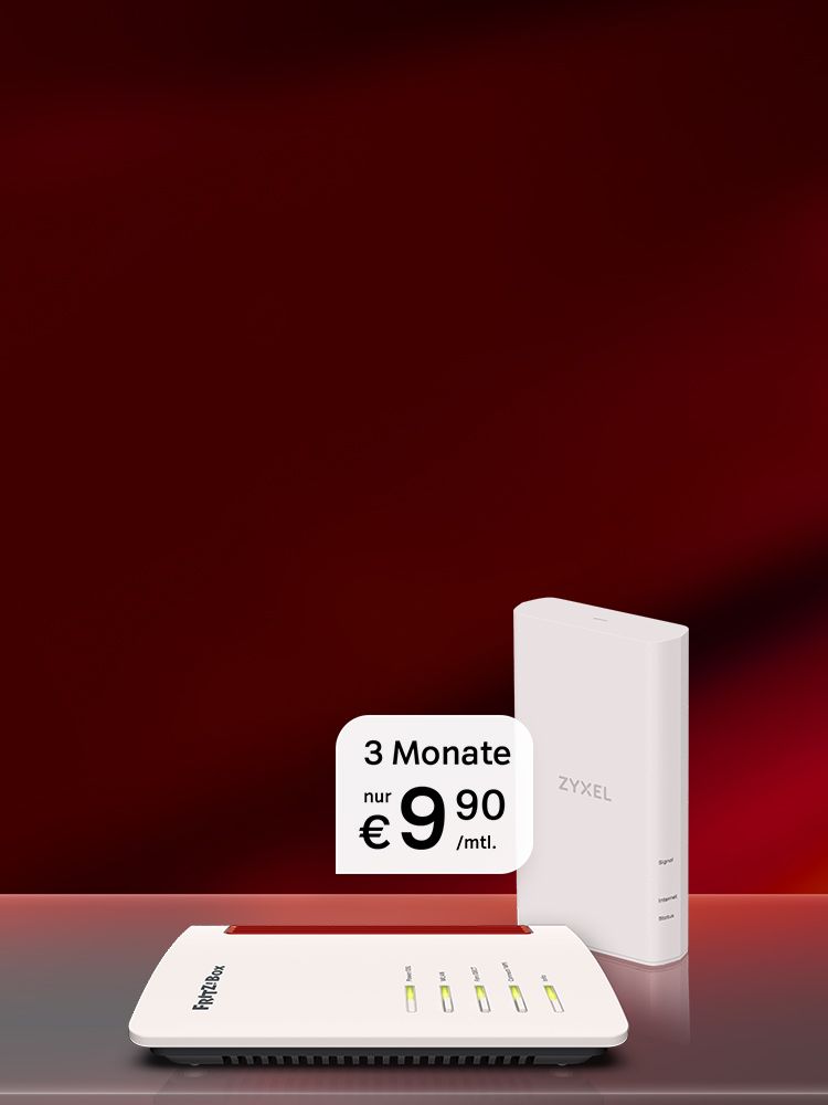 Diffuser Hintergrund in roten und dunkelroten Farbtönen im Hintergrund. Im Vordergrund das Cube Modem mit weißem Störer mit Text"3 Monate nur € 9,90/mtl."