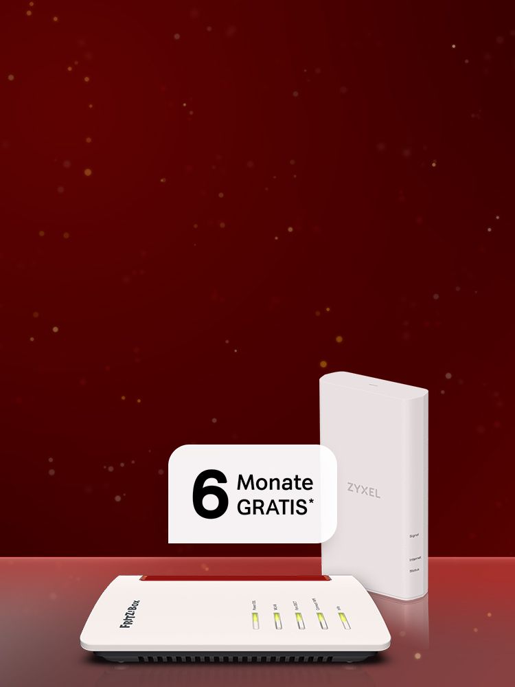 Diffuser Hintergrund in roten und dunkelroten Farbtönen mit weißen Sternen im Hintergrund. Im Vordergrund das Outdoor Cube Set mit weißem Störer mit Text" 6 Monate Gratis"