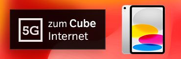 Dieses Bild zeigt die Werbung für 5G Cube Internet mit einem iPad. Links ist ein schwarzes Quadrat mit weißer Schrift 
