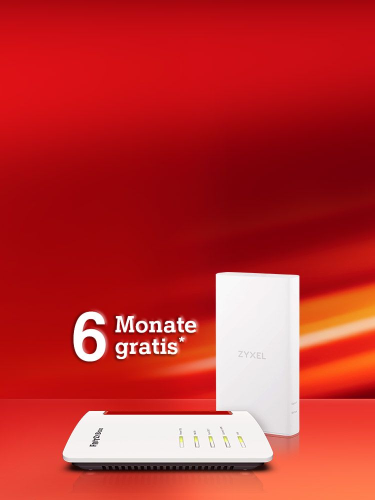 Das Werbebild zeigt zwei WLAN-Router von den Marken Fritz!Box und Zyxel vor einem rot-orangenen Hintergrund. Text bietet 6 Monate gratis.