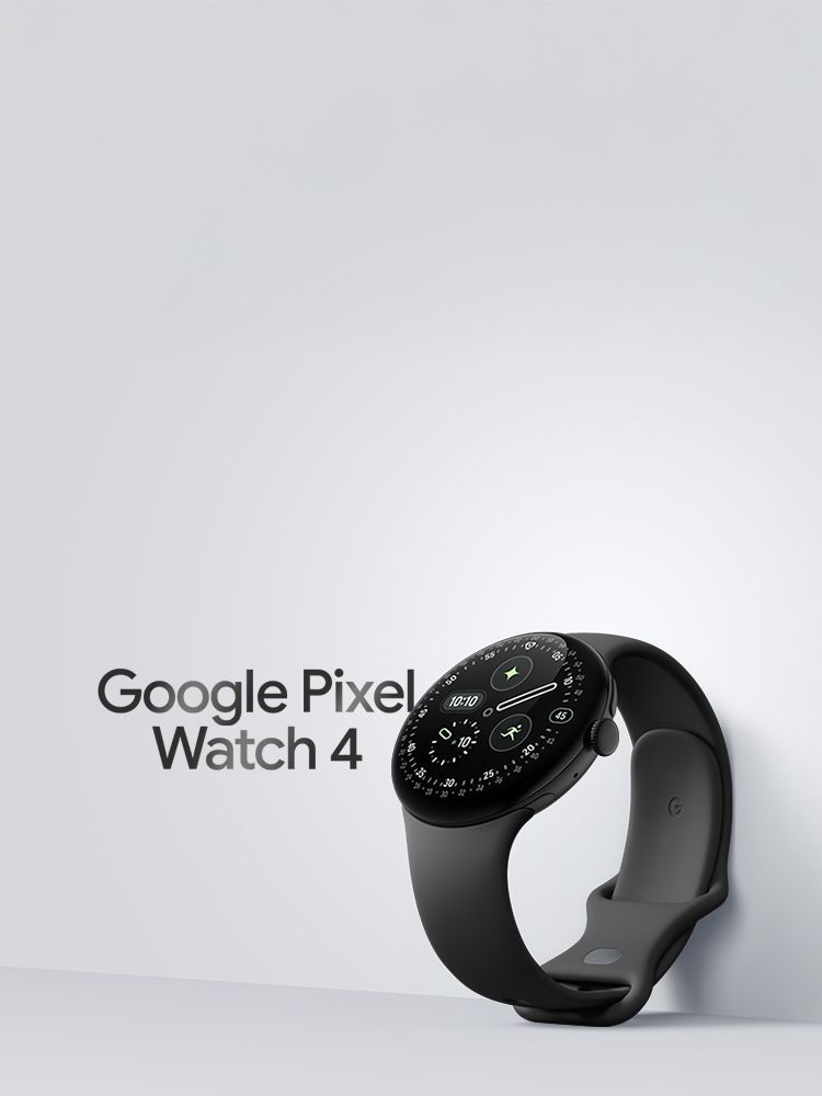 Google Pixel Watch 4 mit schwarzem Band und Display vor weißem Hintergrund.