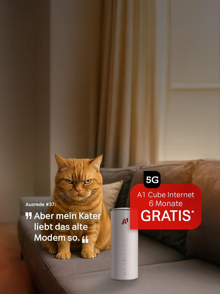 Ein mürrischer Kater sitzt auf dem Sofa neben einem weißen Cube 5G-WLAN-Router; daneben ist ein Zitat zu sehen: Aber mein Kater liebt das alte Modem so. Auch ein Hinweis zum 6 Monate Gratis-Angebot ist zu sehen.
