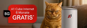 Ein mürrischer Kater sitzt auf dem Sofa neben einem weißen Cube 5G-WLAN-Router; daneben ist ein Zitat zu sehen: Aber mein Kater liebt das alte Modem so. Auch ein Hinweis zum 6 Monate Gratis-Angebot ist zu sehen.