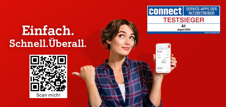 Lachende Frau mit Handy mit Mein A1 App drauf. Die Mein A1 App ist der Testsieger des Connect Tests August 2025.