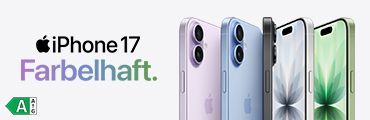 Vier iPhone 17: lila, blau, schwarz, grün, Text ‚iPhone 17 Farbelhaft