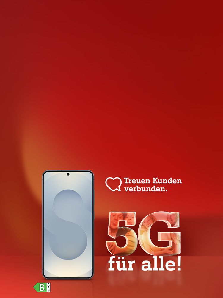 Samsung Galaxy S25; Energieeffizienzklasse B; Text: 5G für alle