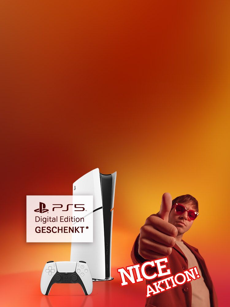 Playstation 5 Digital Edition mit Controller, daneben junger Mann und Schriftzug NICE AKTION