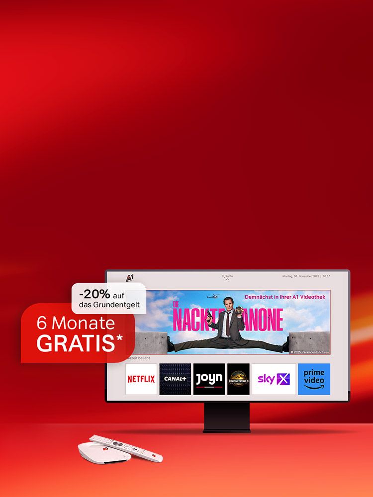 Ein Werbebild mit rotem Hintergrund. Ein Monitor zeigt verschiedene Streaming-Dienste wie Netflix, Canal+, Joyn, Sky und Prime Video an. Ein roter Störer bewirbt "6 Monate GRATIS*". Ein weißer Störer daneben informiert über "-20% auf das Grundentgelt". Eine weiße Fernbedienung und Empfänger sind vor dem Monitor platziert.