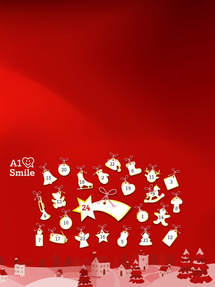 Rot-weißer Adventskalender mit Zahlen 1-24, Stern für 24. Rechts Logo mit Herz und Text: A1 Smile.