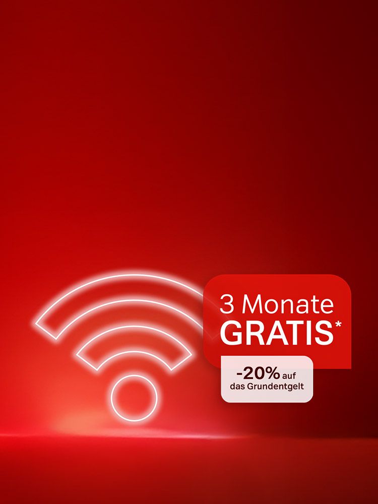 Weißes WLAN-Symbol, daneben Angebot mit dem Text: 3 Monate gratis und -20% auf das Grundentgelt. Verweis auf Angebotsbedingungen.