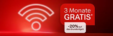 Weißes WLAN-Symbol, daneben Angebot mit dem Text: 3 Monate gratis und -20% auf das Grundentgelt. Verweis auf Angebotsbedingungen.