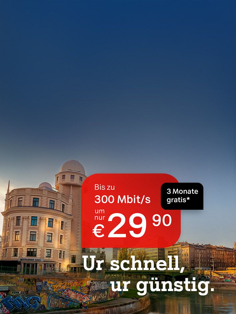Stadtansicht mit Graffiti an einer Mauer mit Bewerbung für Internet: 300 Mbit/s für 29,90 Euro pro Monat und 3 Monate gratis. Verweis auf Angebotsbedingungen.
