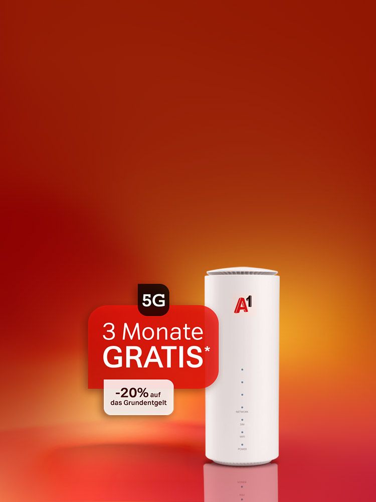 Weißer A1 5G-Router, daneben Text: 3 Monate gratis, -20% auf das Grundentgelt. Verweis auf Angebotsbedingungen