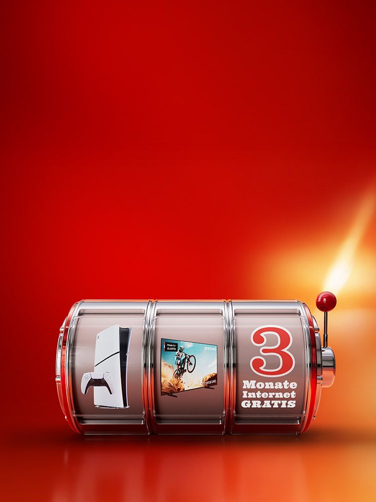 Stilisierter Spielautomat mit PlayStation, Fernseher und Text: 3 Monate Internet GRATIS.