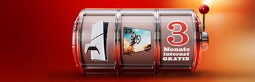 Stilisierter Spielautomat mit PlayStation, Fernseher und Text: 3 Monate Internet GRATIS.