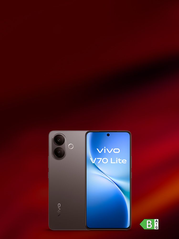 Zwei Ansichten des Smartphones vivo V70 Lite vor rotem Hintergrund, Bildschirm zeigt Text: "vivo V70 Lite".