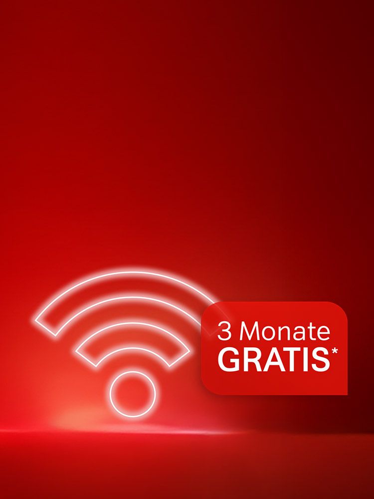 Weißes WLAN-Symbol, daneben Angebot mit dem Text: 3 Monate gratis. Verweis auf Angebotsbedingungen.