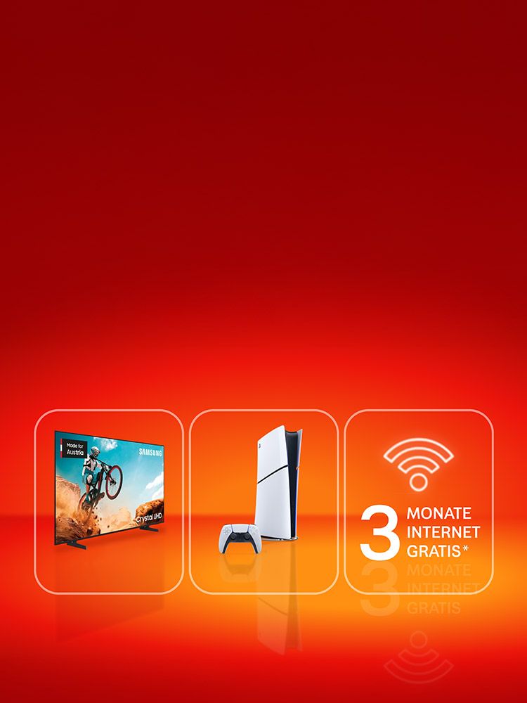 Angebotsdarstellung mit Fernseher, PlayStation und Text: 3 Monate Internet GRATIS. Verweis auf Angebotsbedingungen.