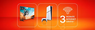 Angebotsdarstellung mit Fernseher, PlayStation und Text: 3 Monate Internet GRATIS. Verweis auf Angebotsbedingungen.
