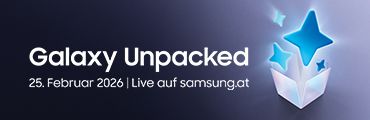 Blaue Sterne steigen aus weißer Box auf, Text Galaxy Unpacked 25. Februar 2026