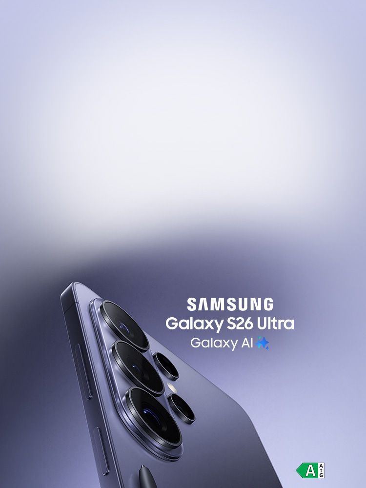 Galaxy S26 Ultra in Violett seitlich, Text Galaxy AI, Samsung‑Logo