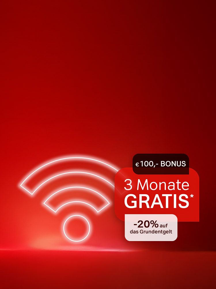 Weißes WLAN-Symbol, daneben Angebot mit dem Text: 3 Monate gratis, 100 Euro Bonus, -20% auf das Grundentgelt. Verweis auf Angebotsbedingungen.
