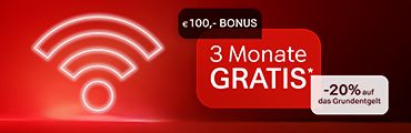 Weißes WLAN-Symbol, daneben Angebot mit dem Text: 3 Monate gratis, 100 Euro Bonus, -20% auf das Grundentgelt. Verweis auf Angebotsbedingungen.