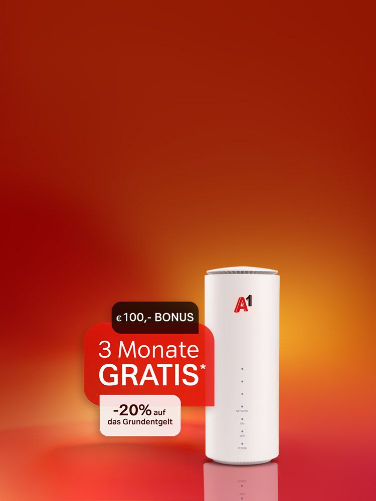 100 Euro Bonus, 3 Monate gratis, -20% auf das Grundentgelt, weißer WLAN-Router mit A1-Logo. Verweis auf Angebotsbedingungen.