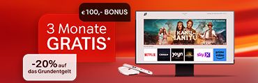 Fernseher-Gerät mit Streaming-Apps und Werbeaktion: 3 Monate gratis, minus 20% auf das Grundentgelt und 100 Euro Bonus. Verweis auf Angebotsbedingungen.