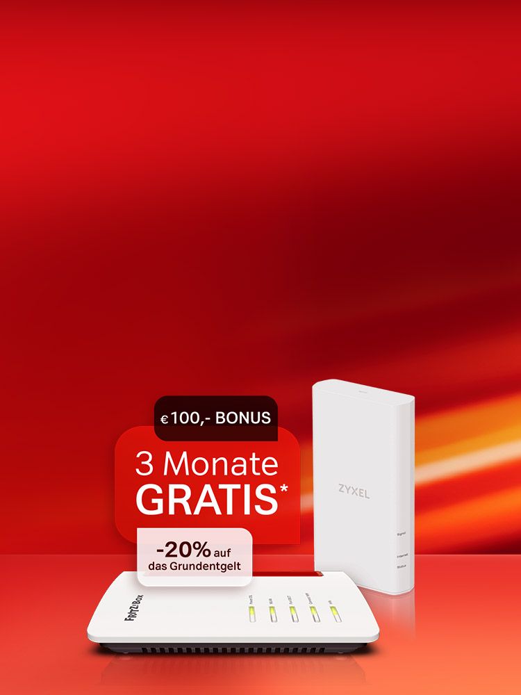 Zwei Router vor rotem Hintergrund, Text: "€100,- BONUS, 3 Monate GRATIS*, -20% auf das Grundentgelt". Verweis auf Angebotsbedingungen.