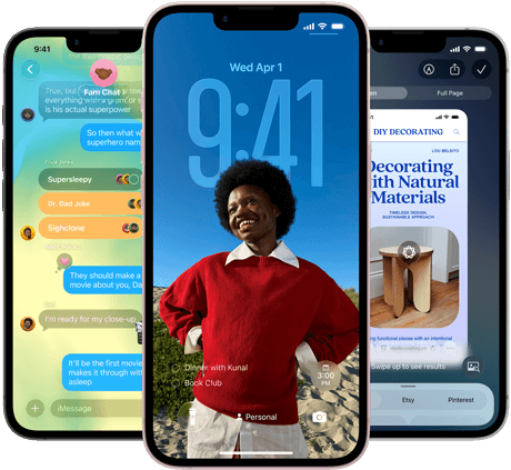 Drei iPhone 17e Geräte, die die Nachrichten App mit Liquid Glass Design, dynamischem Sperrbildschirm und Apple Intelligence in Aktion zeigen