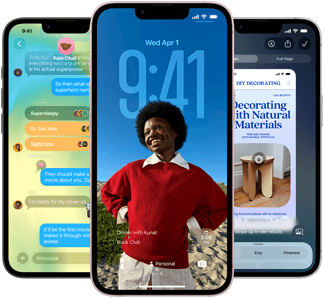 Drei iPhone 17e Geräte, die die Nachrichten App mit Liquid Glass Design, dynamischem Sperrbildschirm und Apple Intelligence in Aktion zeigen