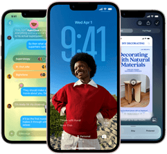 Drei iPhone 17e Geräte, die die Nachrichten App mit Liquid Glass Design, dynamischem Sperrbildschirm und Apple Intelligence in Aktion zeigen