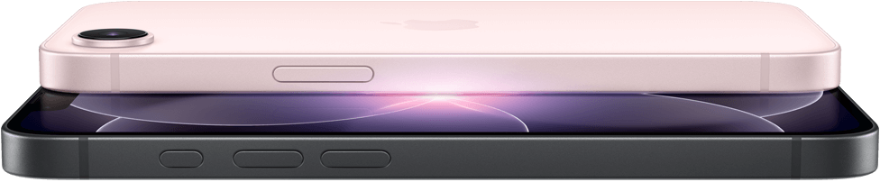 iPhone 17e, horizontale Seiten- und Rückansicht, Hellrosa, iPhone 17e, horizontale Seiten- und Vorderansicht, Schwarz