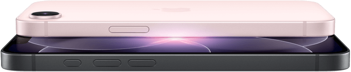 iPhone 17e, horizontale Seiten- und Rückansicht, Hellrosa, iPhone 17e, horizontale Seiten- und Vorderansicht, Schwarz