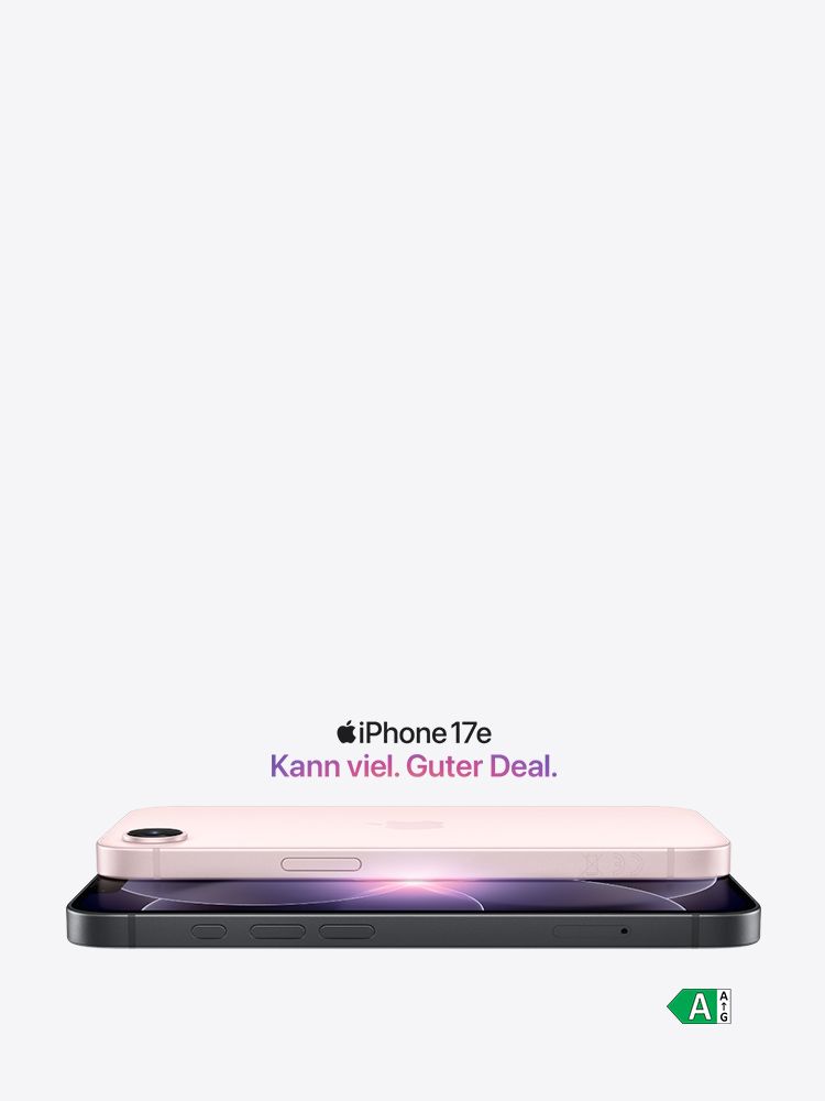 iPhone 17e in Rosa und Schwarz übereinander, Text: Kann viel, Guter Deal, Energieeffizienzklasse A