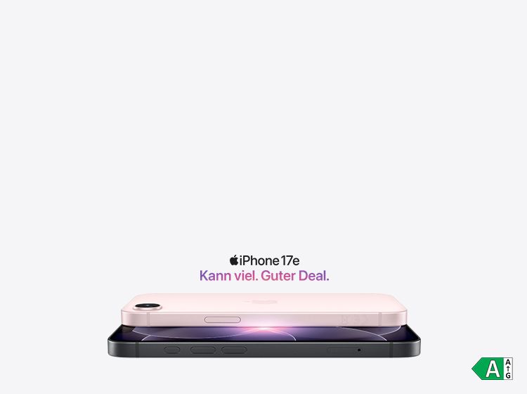 iPhone 17e in Rosa und Schwarz übereinander, Text: Kann viel, Guter Deal, Energieeffizienzklasse A