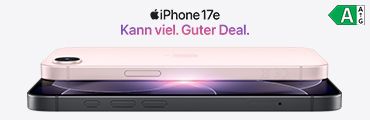 iPhone 17e in Rosa und Schwarz übereinander, Text: Kann viel, Guter Deal, Energieeffizienzklasse A