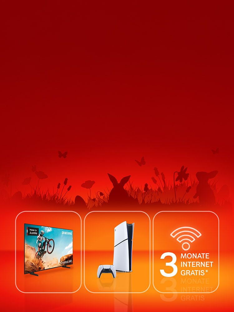 Angebotsdarstellung mit Fernseher, PlayStation und Text: 3 Monate Internet GRATIS. Verweis auf Angebotsbedingungen.