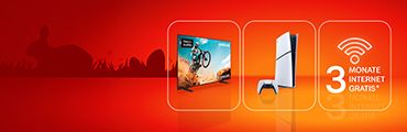 Angebotsdarstellung mit Fernseher, PlayStation und Text: 3 Monate Internet GRATIS. Verweis auf Angebotsbedingungen.