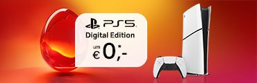 Weiße PlayStation 5 Digital Edition und Controller auf rotem Hintergrund und Angebot-Text Zu A1 Internet PS5 Digital Edition um 0 Euro. Verweis auf Angebotsbedingungen.