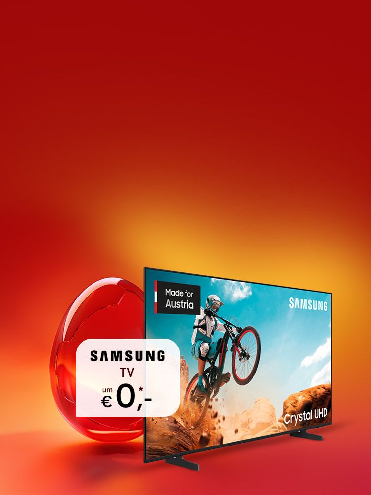 Samsung 55 Zoll Smart-TV und Angebots-Text Samsung TV um 0 Euro, auf rotem Hintergrund. Verweis auf Angebotsbedingungen.