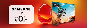 Samsung 55 Zoll Smart-TV und Angebots-Text Samsung TV um 0 Euro, auf rotem Hintergrund. Verweis auf Angebotsbedingungen.