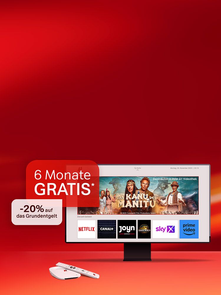 Fernseher-Gerät mit Streaming-Apps und Werbeaktion: 6 Monate gratis und minus 20% auf das Grundentgelt. Verweis auf Angebotsbedingungen.
