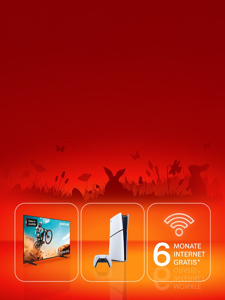 Angebotsdarstellung mit einem Fernseher, einer PlayStation und Angebots-Text 6 Monate Internet GRATIS. Verweis auf Angebotsbedingungen.