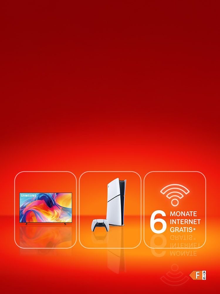 Angebotsdarstellung mit einem Fernseher, einer PlayStation und Angebots-Text 6 Monate Internet GRATIS. Verweis auf Angebotsbedingungen.