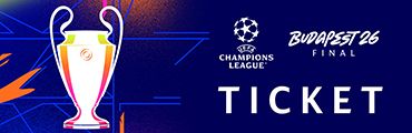 Bunte Champions League Trophäe, daneben Text: Champions League, Budapest 26 Final, Ticket.