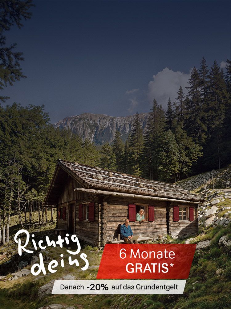 Holzhütte im Wald, daneben Text: Richtig deins, 6 Monate GRATIS, Danach -20% auf das Grundentgelt. Verweis auf Angebotsbedingungen
